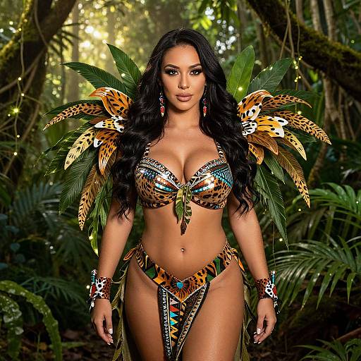 Photograph of a curvy woman with long black hair, wearing a vibrant, jungle-inspired bikini and feathered shoulder accessories, standing in a lush,