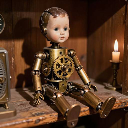 Photograph of a vintage brass mechanical doll with blue eyes, sitting on a wooden table, illuminated by a lit candle.