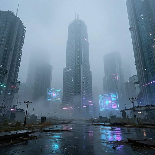 Cyberpunk cityscape photograph: Foggy, rainy night with neon-lit skyscrapers, wet reflective streets, and glowing digital billboards in