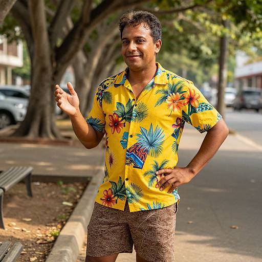 Cheerful Man in Vibrant Tropical Outfit