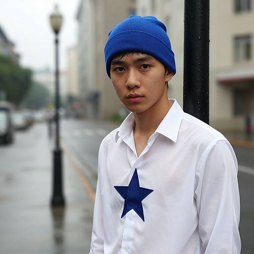 Photograph of young Asian man with medium skin tone, blue beanie, white shirt with blue star, standing on wet urban street.