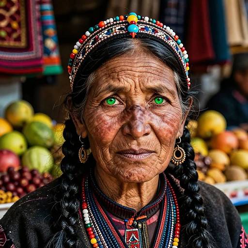Photograph of an elderly Indigenous woman with green eyes, braided black hair, colorful beaded headband and jewelry, standing in a market with vibrant
