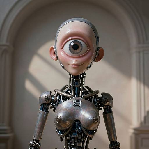 Photorealistic CGI of a robotic humanoid with a single, large eye on its head, metallic breastplate, and exposed mechanical joints, standing in a