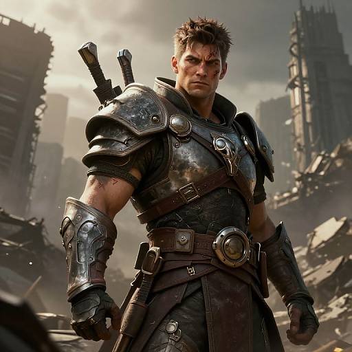 Photorealistic CGI of a muscular, scarred man in dark, battered armor with two swords on his back, standing in a ruined, sunlit