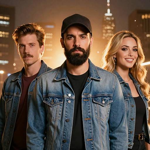 Three Young Adults in Denim Jackets in Cityscape at Night