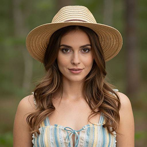 Photograph of a young woman with long brown hair, wearing a straw hat and blue-striped sleeveless top, standing in a green forest.