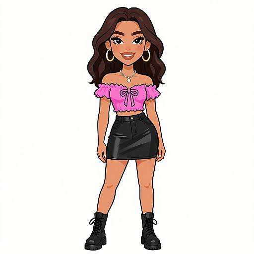 Digital cartoon of a smiling young woman with dark brown hair, wearing a pink off-shoulder top, black skirt, black boots, and large hoop