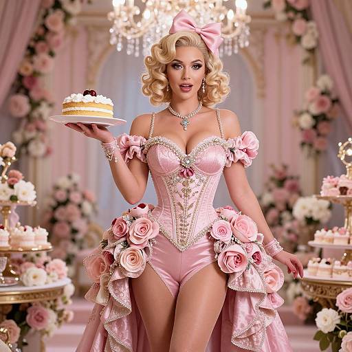 Blonde woman in pink, rose-adorned corset dress holds cake in elegant, chandelier-lit room with floral arrangements. Digital art.