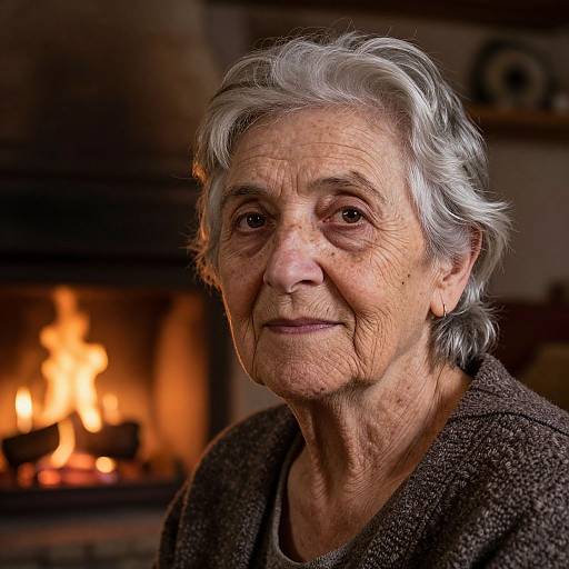 Photograph of an elderly woman with silver hair, wrinkled skin, and a gentle smile, wearing a brown textured sweater, standing in front of a