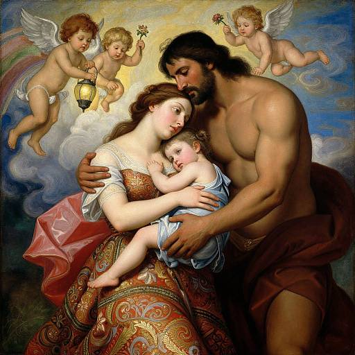 Baroque-style painting of a muscular, bearded man with dark hair, topless, embracing a fair-skinned woman in ornate dress, holding