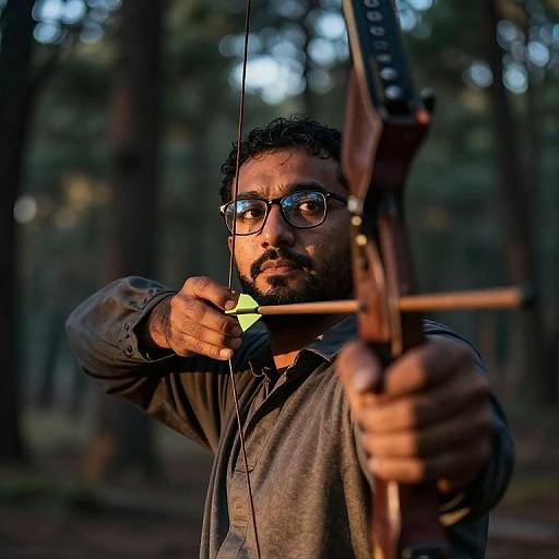 Photograph of a bearded man with glasses, wearing a gray shirt, drawing a bow in a dimly lit forest. Focus on bow and arrow