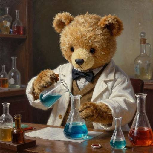 Digital painting of a brown teddy bear in a white lab coat and black bow tie, mixing blue liquid in a flask. Laboratory background with various glass