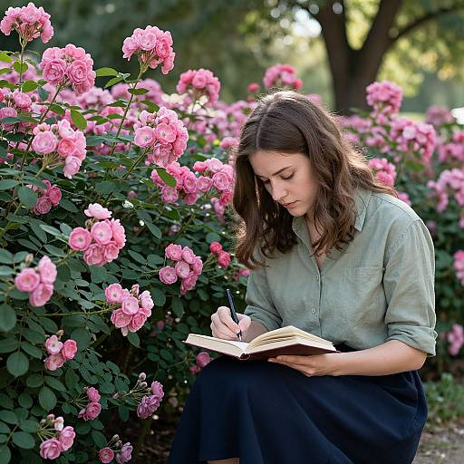 Photograph of a young woman with wavy brown hair, wearing a light blue shirt and black skirt, writing in a notebook amidst vibrant pink roses in