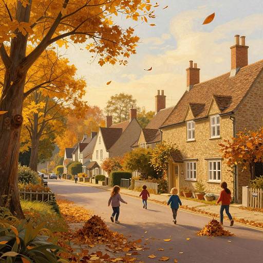 Photograph of a charming autumn street with four children walking, stone cottages, golden leaves, and a bright, sunny sky.