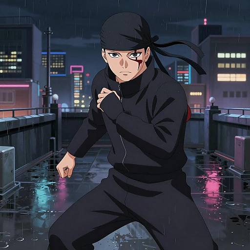 Anime-style digital drawing of a serious, rain-soaked man in black ninja outfit, headband, and gloves, standing on a wet city rooftop at