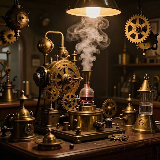 Photograph of a vintage steam-powered machine with glowing brass gears, a smoking glass bulb, and a warm, yellow lamp overhead.