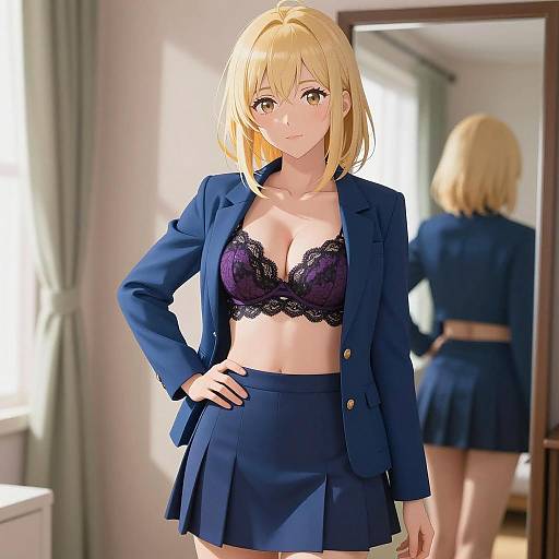 Anime Woman in Blue Blazer and Lace Bra