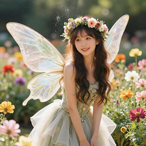 Photograph of a smiling Asian fairy with long brown hair, flower crown, translucent wings, and a green tulle dress, standing in a vibrant,