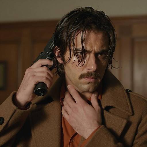 Intense Man with Gun in Dim Room