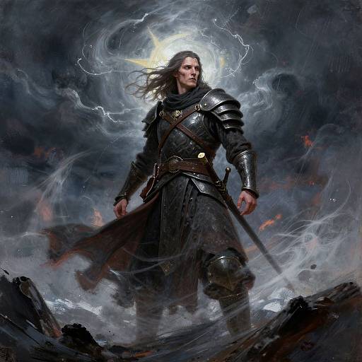 Digital painting of a muscular, long-haired warrior in black, silver-embellished armor standing amidst a stormy, smoky battlefield with lightning.