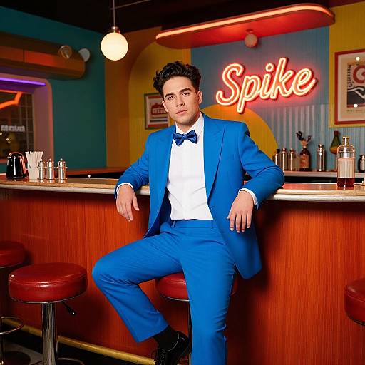 Photograph of a handsome man with curly hair, wearing a bright blue suit, bow tie, and white shirt, leaning on a retro bar stool with