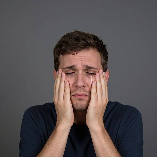 Photograph of a distressed young man with short brown hair, closed eyes, and tears, covering his face with both hands against a gray background. He