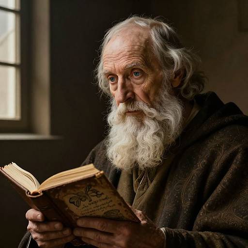 Photograph of an elderly white man with a long white beard, wearing a dark brown robe, intently reading an old book in a dimly lit