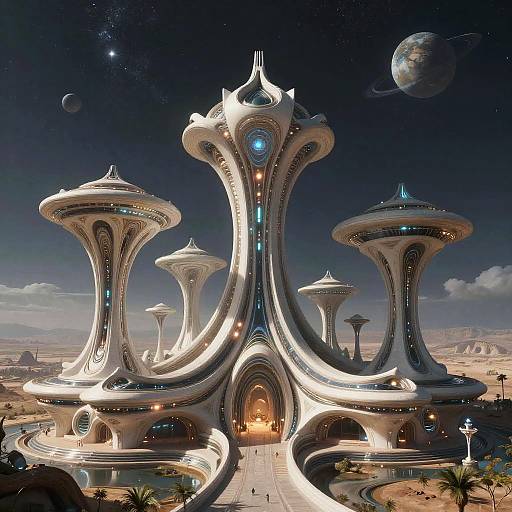 Photorealistic CGI of a futuristic, white, dome-shaped space city with glowing blue accents, set in a desert landscape under a starry sky with
