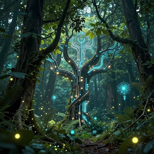 Digital fantasy artwork of a luminescent, twisted tree in a dark, enchanted forest with glowing blue lights, fireflies, and bioluminescent