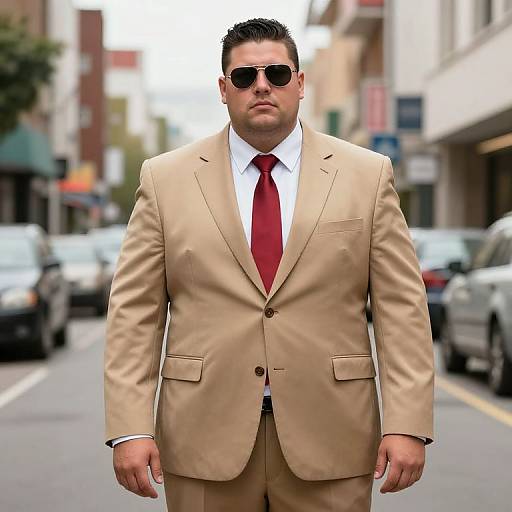 Photograph of a heavyset man in a beige suit, red tie, white shirt, and black sunglasses, standing confidently on a city street.