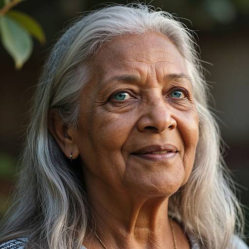 Photograph of an elderly woman with long, silver hair, deep wrinkles, and blue eyes, smiling softly against a blurred green background.
