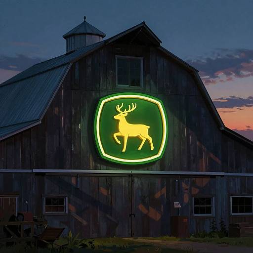Photograph of a dark wooden barn at dusk, illuminated by a neon green deer logo on the front, with a sunset sky in the background.