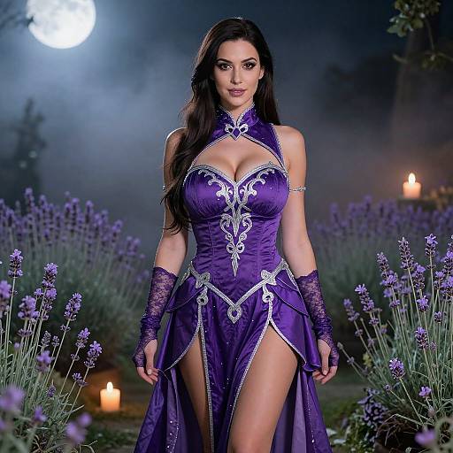 Photograph of a dark-haired woman in a revealing, purple, lace-trimmed, medieval-style dress with a high slit, standing in a moon