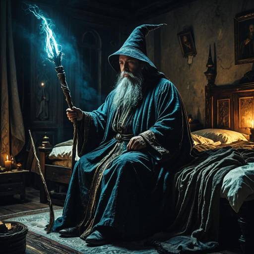 Ancient Wizard with Glowing Staff in Dimly Lit Bedroom