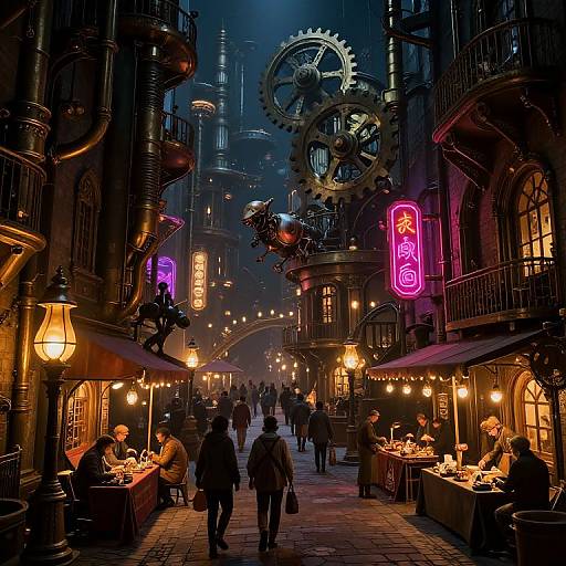 Steampunk-style nighttime alleyway with glowing neon signs, gear mechanisms, and warmly lit outdoor cafes, bustling with patrons and steam-powered architecture.