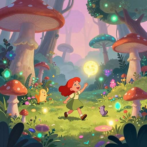 Cartoon girl with red hair runs through enchanted forest, surrounded by glowing mushrooms, colorful flowers, and whimsical creatures at sunset.