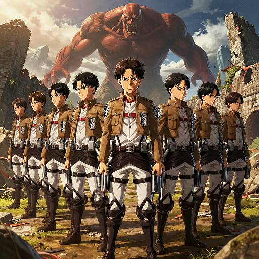 Digital anime-style artwork of six male soldiers in brown jackets and white pants, standing in front of a massive, muscular, red-skinned monster in a