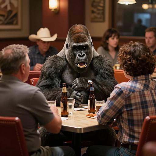 Gorilla Dining in a Rustic Restaurant