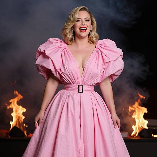 Photograph of a blonde woman with red lipstick, wearing a puffy pink dress with a deep neckline, standing confidently in front of flames against a dark