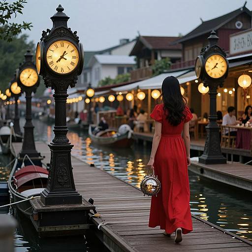 Photograph of a woman in a red dress walking along a wooden waterfront pier at dusk, surrounded by glowing street lamps and boats.