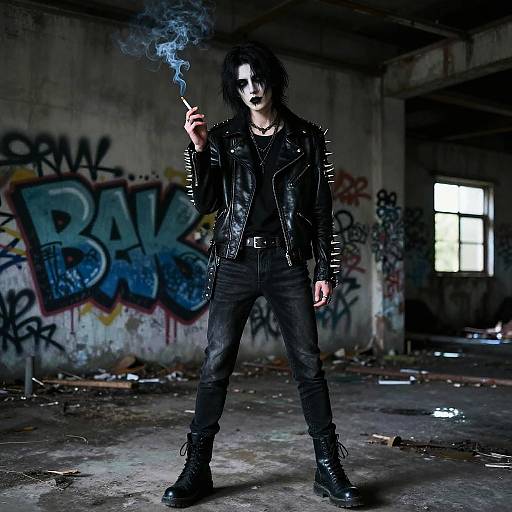Gothic punk man with black leather jacket, dark hair, white face paint, and smoky cigarette, stands in graffiti-covered, abandoned warehouse.