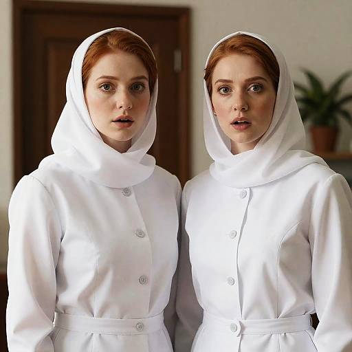 Surprised Women in White Uniforms