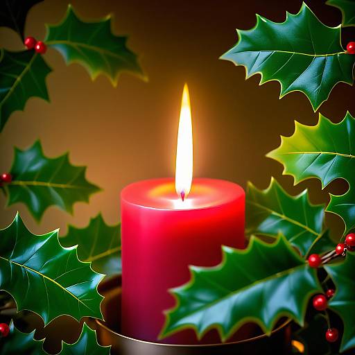 Red Candle with Holly Leaves