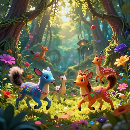 Whimsical digital art of colorful, decorative deer in a sunlit, enchanted forest with vibrant flowers, butterflies, and a playful, magical atmosphere.