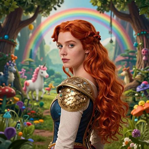 Digital art: Red-haired elf woman with golden armor in vibrant, flower-filled forest, rainbow in background, white unicorn nearby, colorful flowers.