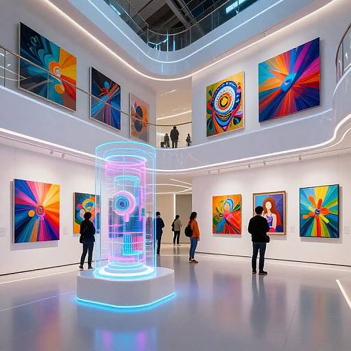 Photograph of a modern art gallery with brightly lit, colorful abstract paintings on white walls, neon-lit cylindrical display in center, visitors viewing art on