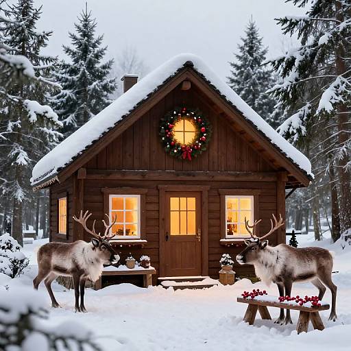 Photograph of a snow-covered wooden cottage with lit windows, decorated wreath, two reindeer, and holiday wreaths in a forest.