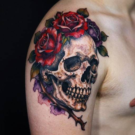Surreal Skull and Floral Shoulder Tattoo