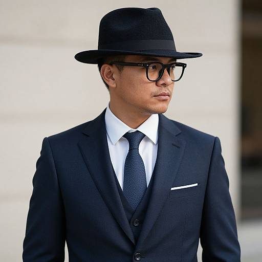 Photograph of a handsome Asian man in a black suit, white shirt, black tie, black fedora, and black rectangular glasses.