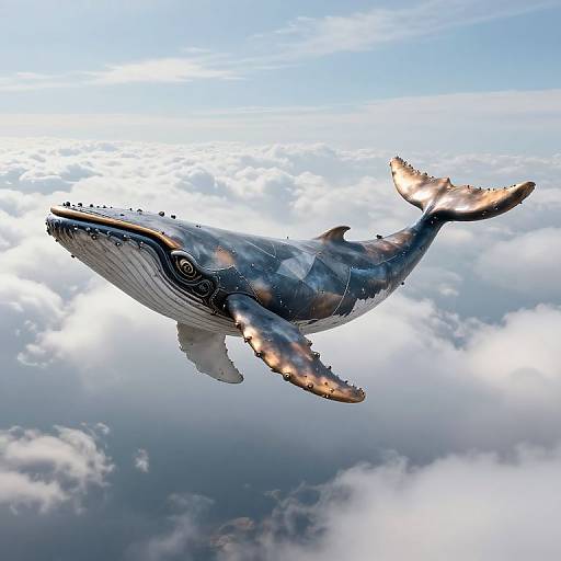 Photorealistic digital art of a giant, detailed blue whale with glowing accents soaring above fluffy, white clouds in a bright blue sky.